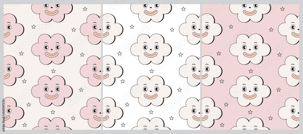 Groovy Cartoon Style Baby Shower Seamless Vector Pattern with Smiling Clouds on a Pink, Beige and White Background. Baby Girl Party Print ideal for Fabric, Wrapping Paper. Cute Pink Cloudy Sky Design. Groovy Cartoon Style Baby Shower Seamless Vector Pattern with Smiling Clouds on a Pink, Beige and White Background. Baby Girl Party Print ideal for Fabric, Wrapping Paper. Cute Pink Cloudy Sky Design.