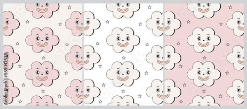 Groovy Cartoon Style Baby Shower Seamless Vector Pattern with Smiling Clouds on a Pink, Beige and White Background. Baby Girl Party Print ideal for Fabric, Wrapping Paper. Cute Pink Cloudy Sky Design.