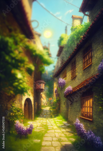 medieval alleyway wisteria cozy summer anime background animation Generative AI Content by Midjourney