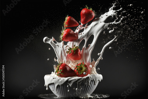 Strawberries splashing. Generative AI.