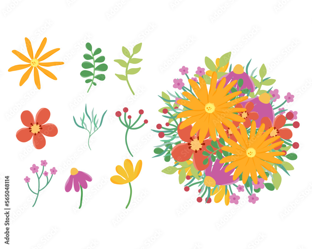 set of vector colorful spring summer flowers, floral bouquet