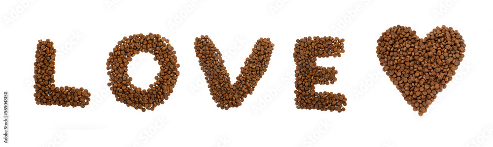 The inscription is love made from cat food. A heart made of dry cat food. Banner The inscription is love made from cat food. A heart made of dry cat food. Banner