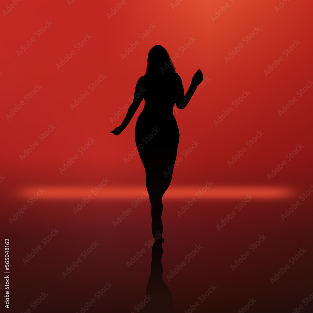Dancing woman figure. Girl in dark dancefloor club. DJ red light shadow female body. Character vector illustration.