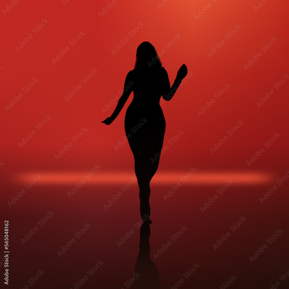 Dancing woman figure. Girl in dark dancefloor club. DJ red light shadow female body. Character vector illustration. Dancing woman figure. Girl in dark dancefloor club. DJ red light shadow female body. Character vector illustration.