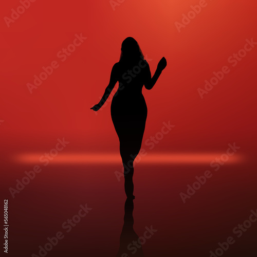 Dancing woman figure. Girl in dark dancefloor club. DJ red light shadow female body. Character vector illustration.