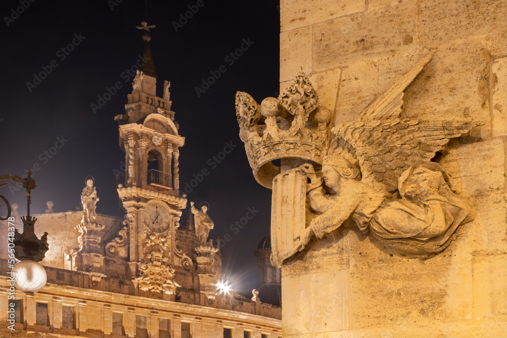 Valencia - The relief of Royal arms of Kingdom of Valencia on the facade of Lonja de la Seda building.