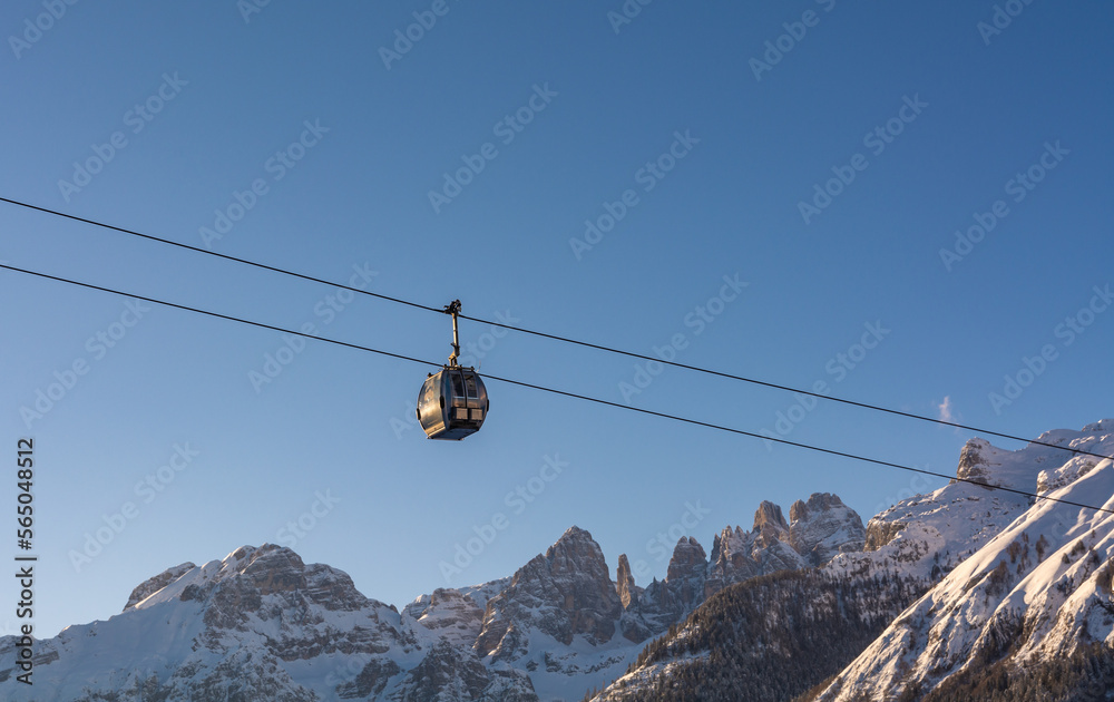 modern ski lifts - monocable circulating ropeway - Andalo village, Adamello Brenta Natural Park, Trentino Alto Adige, northern Italy, Europe - january 8, 2021 modern ski lifts - monocable circulating ropeway - Andalo village, Adamello Brenta Natural Park, Trentino Alto Adige, northern Italy, Europe - january 8, 2021