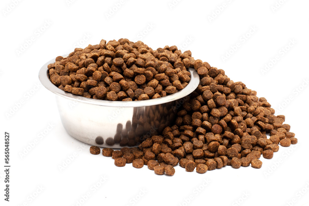 Fototapeta premium A bowl of dry cat food isolated on a white background. Food scattered nearby