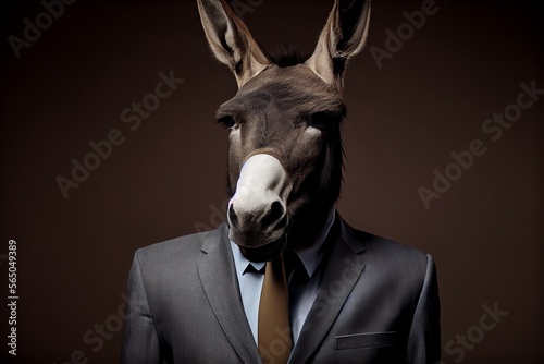 Portrait of a donkey dressed in a formal business suit. Generative AI