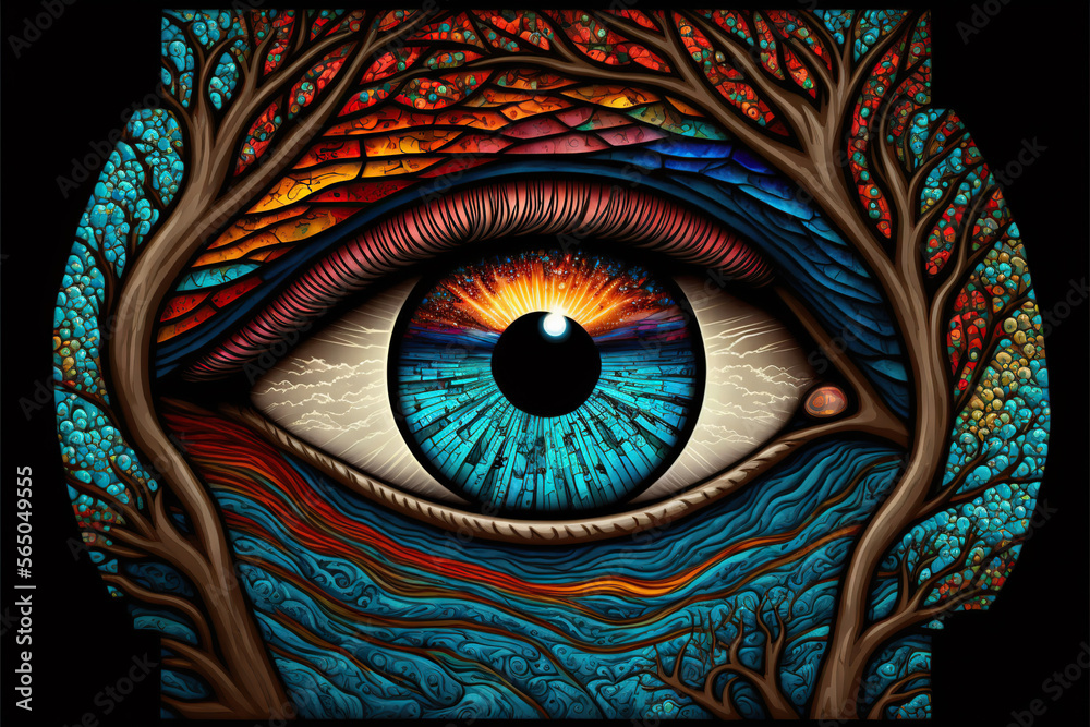 Abstract magical fantasy eye, stained glass, Generative AI	