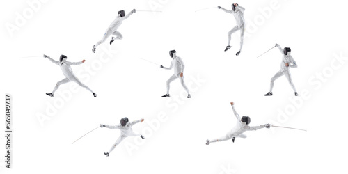 Collage. Dynamic studio shots of male professional fencer in white uniform training  fencing with sword isolated over white background. Concept of sport  action  motion  hobby  lifestyle  competition