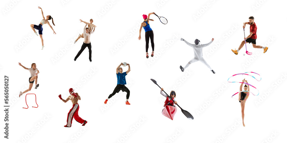 Collage. Dynamic studio shots of professional sportsmen training, doing different sports isolated over white background. Concept of motion, action, active lifestyle, achievements, challenges