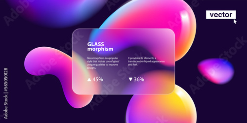 Transparent layout in glassmorphism style on dark background. Glass frame on blurred abstract liquid shapes.