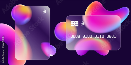 Glass morphism credit card template with floating multicolor rainbow shapes.