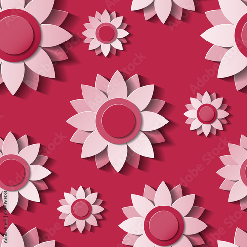 Viva Magenta floral seamless pattern. Beautiful modern background  with 3d flowers in paper cut style. Spring or summer backdrop. Vector illustration.