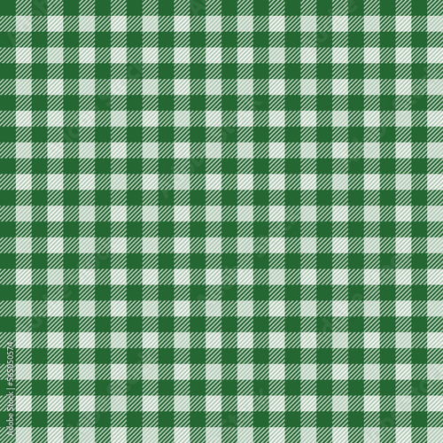 Green gingham pattern. Scottish plaid fabric swatch close-up. 