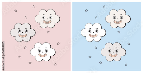 Groovy Cartoon Style Baby Shower Vector Illustrations with Smiling Clouds on a Light Blue and Pink Background. Baby Boy and Girl's Party Print ideal for Card, Wall Art, Poster. Cute Cloudy Sky Design.