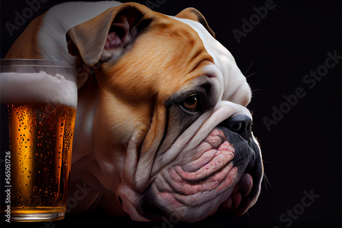 Dog bulldog head, face close up with beer glass, black background, drinking beer, canine generative ai © Stefan