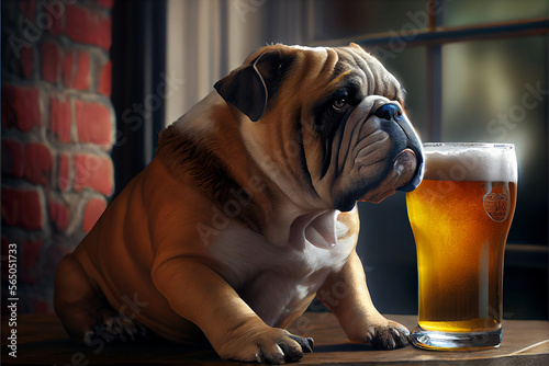 Sitting Bulldog with a glass of beer, high resolution, generative ai © Stefan