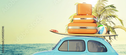 Retro small car with a surfboard and travel suitcases in front of the vast ocean  tourism concept  3d rendering
