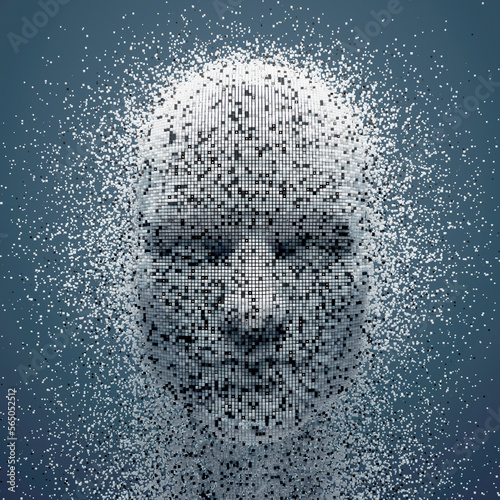 фотографія 3D dissolving human head made with cube particles.