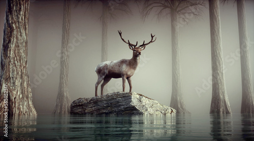 Tablou canvas Deer in the nature habitat during misty morning.