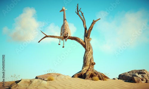 Giraffe stands on thin branch of withered tree in surreal landscape