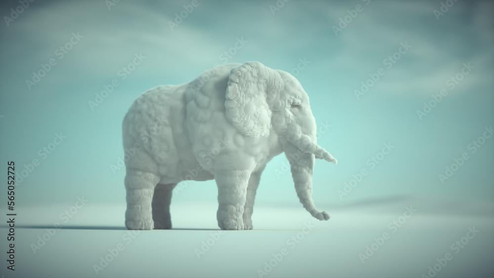 Voxel elephant.  Growth and complexity concept.