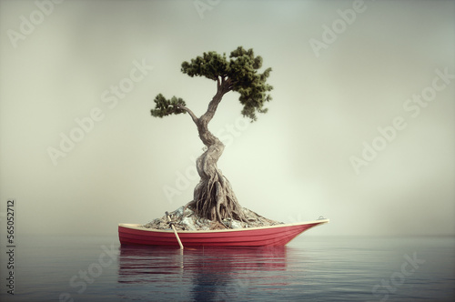 Tree on a boat in the ocean . Travel and booking agency concept.