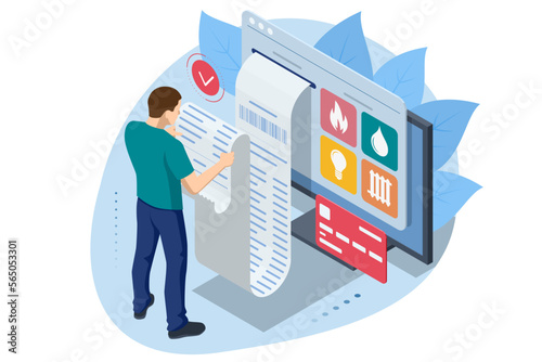 Isometric Online Bill Payment. Home Utilities Bill Payment Services Concept. Gas, Water, Electricity Supply. Save energy, pay utility bills