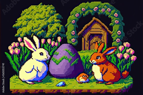 Pixel art easter scene with rabbits and eggs in garden, landscape background in retro style for 8 bit game, Generative AI © Pixel  Land