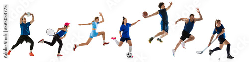 Collage. Different people in motion, action training, doing various sportive activity isolated over white background. Concept of sport, achievements. Volleyball, tennis, football, basketball, lacrosse
