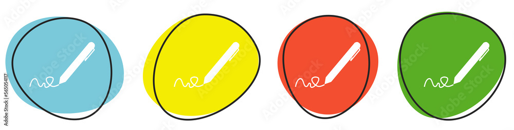 Banner mit 4 bunten Buttons: Stift, Signatur oder Schreiben Banner mit 4 bunten Buttons: Stift, Signatur oder Schreiben
