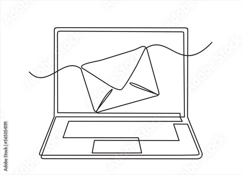 Laptop and envelope e mail list building illustration continuous one line art illustration. Can used for logo, emblem, slide show and banner. Illustration with quote template. 