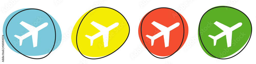 Obraz premium Banner mit 4 bunten Buttons: Flugzeug, Flughafen oder Urlaub