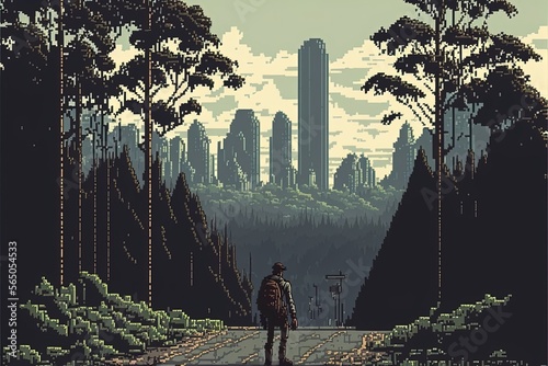 Pixel art landscape of post-apocalyptic world, city in zombie apocalypse, landscape background in retro style for 8 bit game, Generative AI
