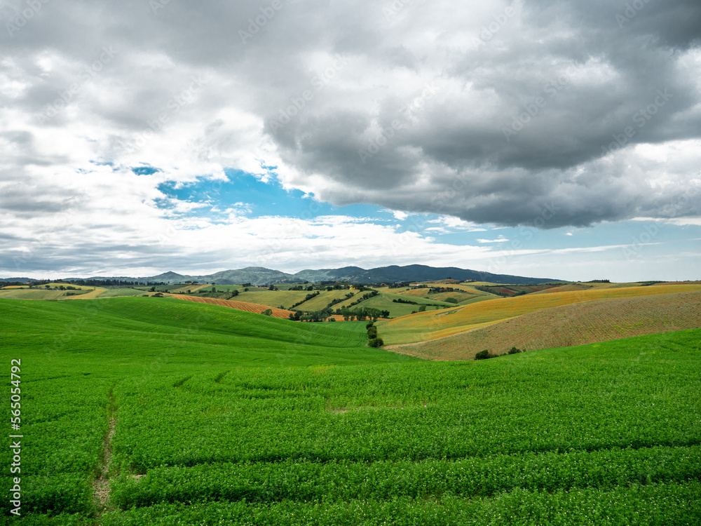 Tuscany landscape under a cloudy sky.