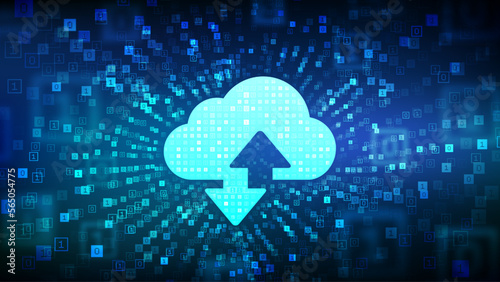Cloud technology background. Cloud computing. Cloud storage sign with two arrows up and down icon made with binary code. Binary data flow tunnel, cyberspace. Virtual tunnel warp. Vector Illustration.