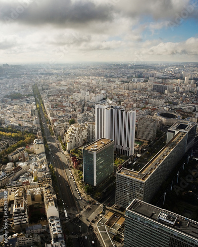 High elevation view of Paris cityscape.