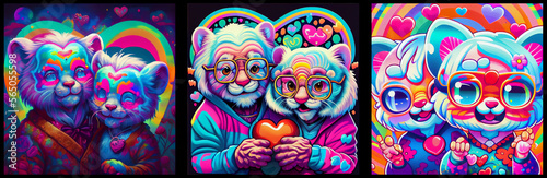 Couple of elderly multicolored tigers with hearts. AI generative.