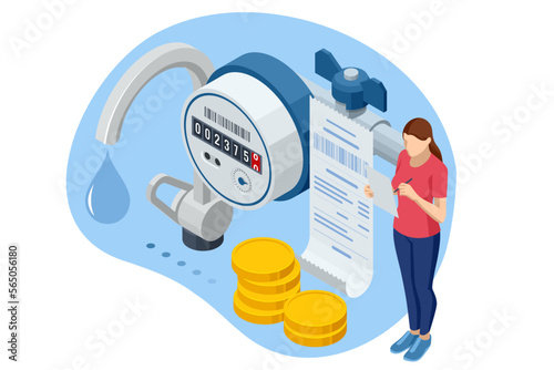 Isometric invoice, payment for cold and hot water. Utility bills and saving resources concept. Utility bills payment. People paying utility, and electricity bills online