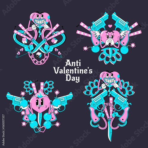 Anti Valentine’s Day emblems in retro 90s, y2k neon design. Weird and creepy heart characters. Groovy funky style