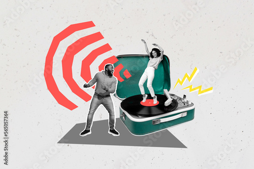 Creative poster collage of excited cheerful young man woman dancing have fun vinyl recorder gramophone retro vintage record party disco