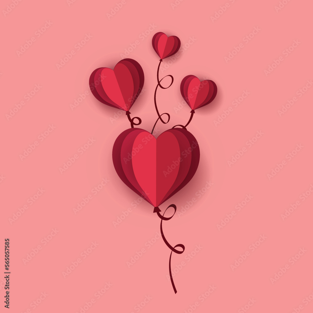 Paper Sculpture cute Heart shaped balloons are floating on red background, love design, Valentine's day Paper Sculpture cute Heart shaped balloons are floating on red background, love design, Valentine's day