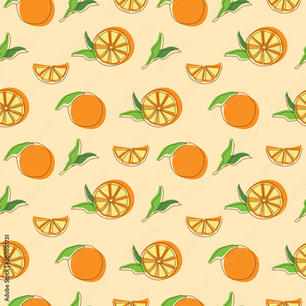 Hand Drawn Orange with leaves Seamless pattern on orange background, Slice Fruits. Cute Orange Vector Illustration.