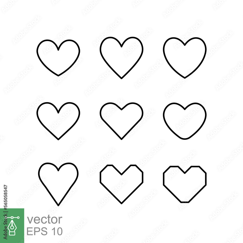 Heart icon set. Simple outline style. Love logo, feeling, romance, weeding decoration, like, emotion concept. Black thin line symbol. Vector illustration design isolated on white background. EPS 10.