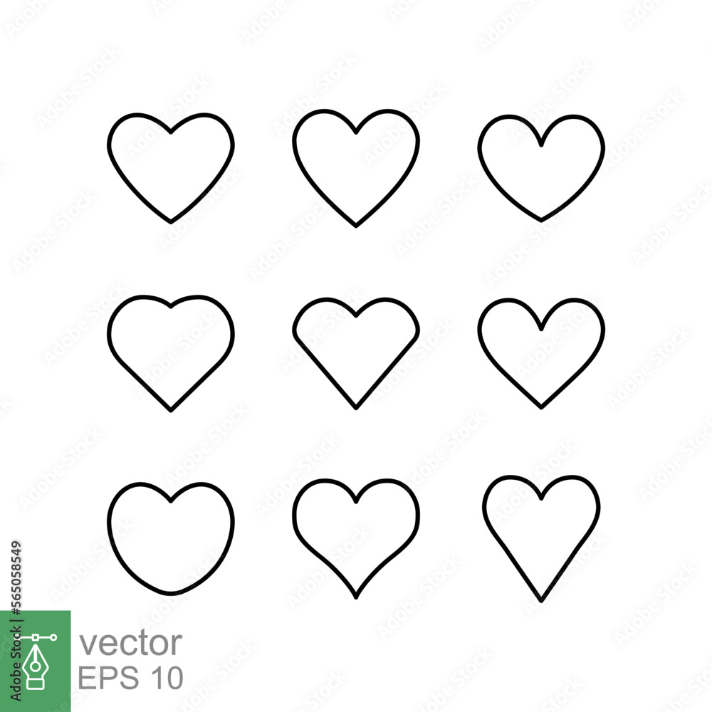 Heart icon set. Simple outline style. Love logo, feeling, romance, weeding decoration, like, emotion concept. Black thin line symbol. Vector illustration design isolated on white background. EPS 10. Heart icon set. Simple outline style. Love logo, feeling, romance, weeding decoration, like, emotion concept. Black thin line symbol. Vector illustration design isolated on white background. EPS 10.