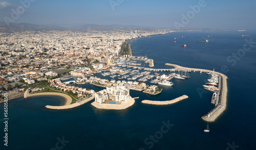 Aerial drone photo of yacht and fishing marina. Drone view from above. Limassol harbour, Cyprus, Europe