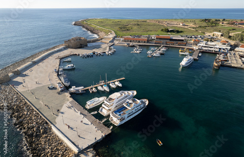 Aerial drone scenery yacht and fishing marina. Drone view from above. Paphos harbour, Cyprus, Europe