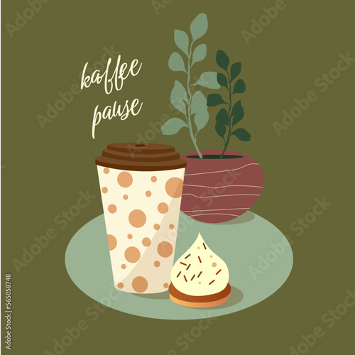 Cup of coffee, sweet dessert. Coffee break. Vector illustration in cartoon flat style. Cup of coffee on the background of a flower in a pot, Delicious breakfast or coffee break. Print for cards, stick